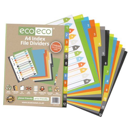 A4 50% Recycled Set 12 Index File Dividers (1) Printed File Dividers ECO028-S