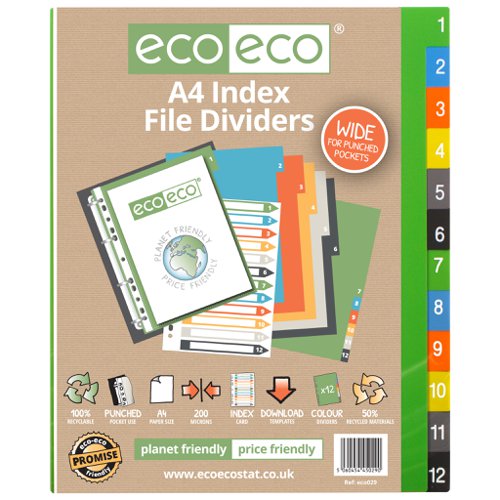 A4 50% Recycled Set 12 Wide Index File Dividers 