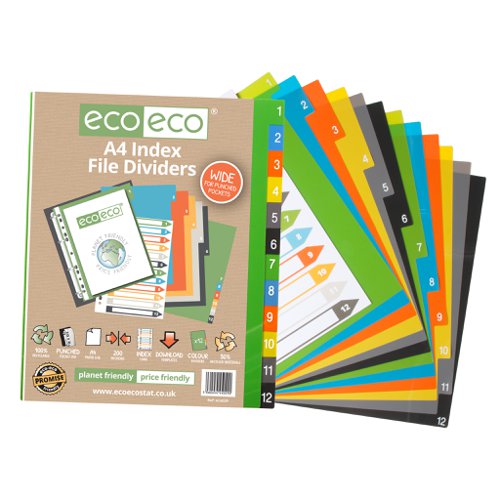 A4 50% Recycled Set 12 Wide Index File Dividers (Pack of 12)