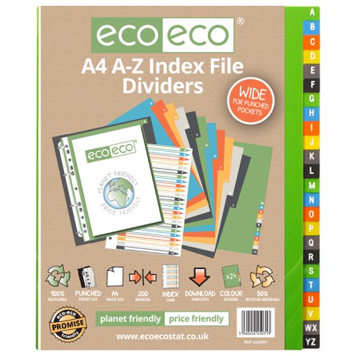A4 50% Recycled Set 24 A-Z Wide Index File Dividers 