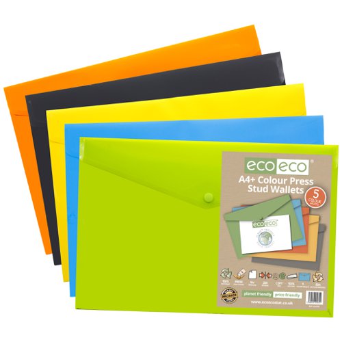 ECO035-S | Strong 200 micron strength coloured A4+ size wallets, ideal for home, office and professional use.  These wallets securely hold A4 and foolscap documents with a press stud closure.  5 wallets per single pack.  5 colours with smooth finish and superior strength.  Acid free and copy safe.  Responsibly sourced materials and responsibly produced.  Made from 50% recycled materials, product and packaging both 100% recyclable.  