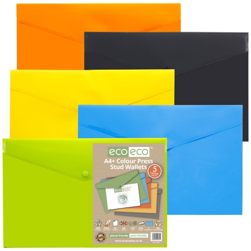 Pack 5 A4+ 50% Recycled Colour Press Stud Wallets (1)