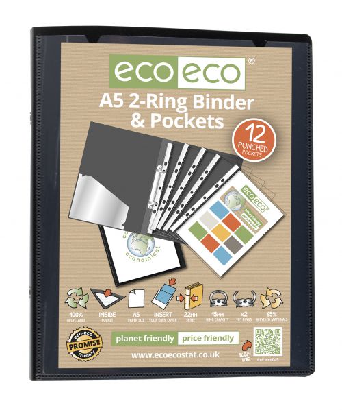 A5 65% Recycled Ring Binder with 12 Multi Punched Pockets