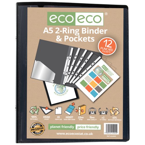 A5 65% Recycled Ring Binder with 12 Multi Punched Pockets (Pack of 12)