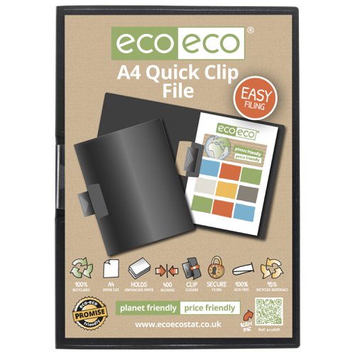 ECO049-S | Strong black 400 micron cover A4 clip file, ideal for home, office and professional use.  This file securely holds up to 25 sheets of unpunched A4 paper (80gsm) with its quick clip mechanism.  Responsibly sourced materials and responsibly produced.  Made from 95% recycled materials, product and packaging both 100% recyclable. 