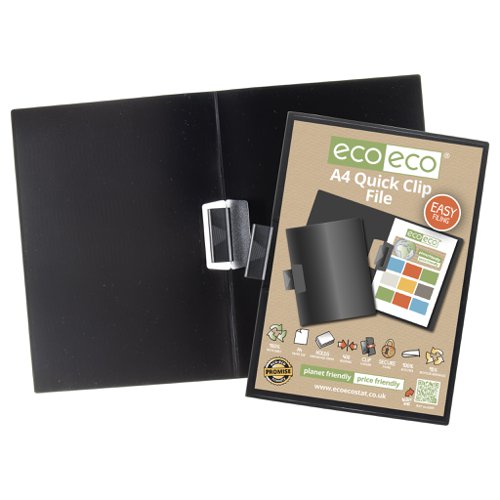 ECO049-S | Strong black 400 micron cover A4 clip file, ideal for home, office and professional use.  This file securely holds up to 25 sheets of unpunched A4 paper (80gsm) with its quick clip mechanism.  Responsibly sourced materials and responsibly produced.  Made from 95% recycled materials, product and packaging both 100% recyclable. 