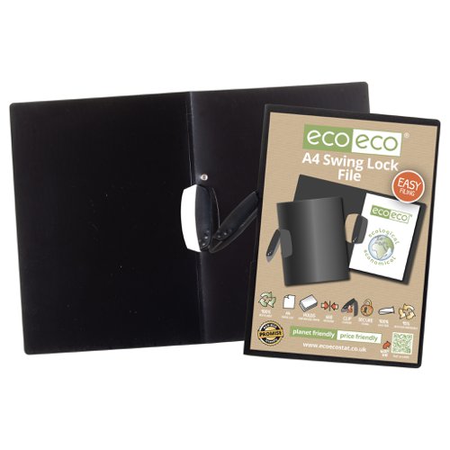 ECO050-S | Strong black 600 micron cover A4 clip file, ideal for home, office and professional use.  This file securely holds up to 30 sheets of unpunched A4 paper (80gsm) with its swing clip mechanism.  Responsibly sourced materials and responsibly produced.  Made from 95% recycled materials, product and packaging both 100% recyclable.  