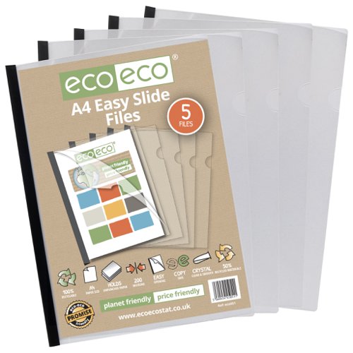 ECO051-S | Strong clear 200 micron cover A4 files, perfect for projects and reports, ideal for home, office and professional use.  Each file securely hold up to 30 sheets of unpunched A4 paper (80gsm) with their easy slide black bars.  5 files per single pack.   Responsibly sourced materials and responsibly produced.  Made from 50% recycled materials, product and packaging both 100% recyclable.  