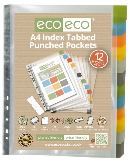 A4 95% Recycled Set 12 Index Tabbed Premier Punched Pockets