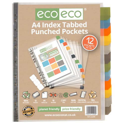 A4 95% Recycled Set 12 Index Tabbed Premier Punched Pockets 