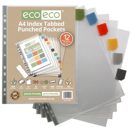 A4 95% Recycled Set 12 Index Tabbed Premier Punched Pockets (Pack of 10)