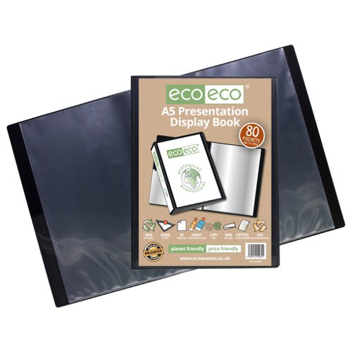 ECO064-S | Strong black 700 micron cover display book with clear 160 micron A5 size sleeve on front cover for personalisation and presentation.  Clear additional storage pocket featured inside of front cover to house loose items and documents.  A total of 80 pages (160 sides to view) securely bound for optimum and multi-purpose filing.  50 micron pages are acid free, smooth, glass clear and copy safe.  These pages securely hold A5 documents.  Responsibly sourced materials and responsibly produced.  Made from 50% recycled materials, product and packaging both 100% recyclable.  