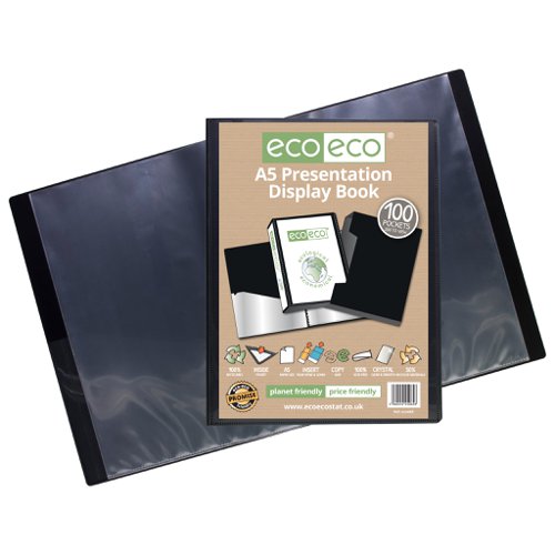 ECO065-S | Strong black 700 micron cover display book with clear 160 micron A5 size sleeve on front cover for personalisation and presentation.  Includes its own display box for easy storage.  Clear additional storage pocket featured inside of front cover to house loose items and documents.  A total of 100 pages (200 sides to view) securely bound for optimum and multi-purpose filing.  50 micron pages are acid free, smooth, glass clear and copy safe.  These pages securely hold A5 documents.  Responsibly sourced materials and responsibly produced.  Made from 50% recycled materials, product and packaging both 100% recyclable.  