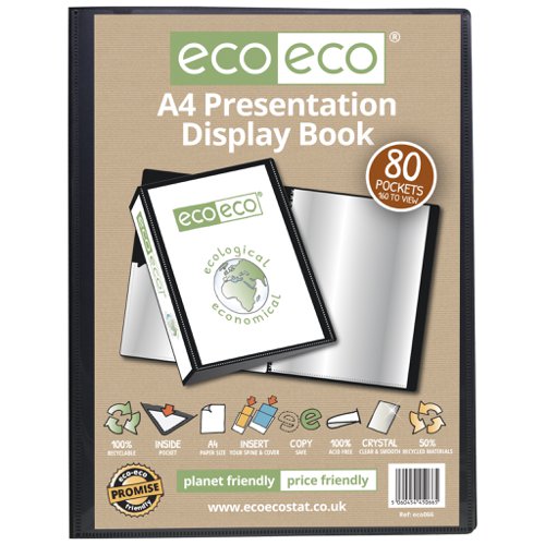 ECO066-S | Strong black 900 micron cover display book with clear 160 micron A4 size sleeve on front cover for personalisation and presentation.  Clear additional storage pocket featured inside of front cover to house loose items and documents.  A total of 80 pages (160 sides to view) securely bound for optimum and multi-purpose filing.  50 micron pages are acid free, smooth, glass clear and copy safe.  These pages securely hold A4 documents.  Responsibly sourced materials and responsibly produced.  Made from 50% recycled materials, product and packaging both 100% recyclable.  