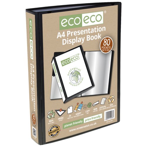 ECO066-S | Strong black 900 micron cover display book with clear 160 micron A4 size sleeve on front cover for personalisation and presentation.  Clear additional storage pocket featured inside of front cover to house loose items and documents.  A total of 80 pages (160 sides to view) securely bound for optimum and multi-purpose filing.  50 micron pages are acid free, smooth, glass clear and copy safe.  These pages securely hold A4 documents.  Responsibly sourced materials and responsibly produced.  Made from 50% recycled materials, product and packaging both 100% recyclable.  