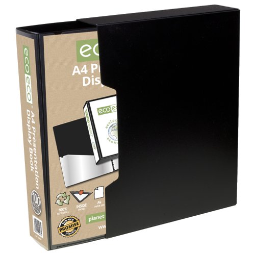 ECO067-S | Strong black 900 micron cover display book with clear 160 micron A4 size sleeve on front cover for personalisation and presentation.  Includes its own display box for easy storage.  Clear additional storage pocket featured inside of front cover to house loose items and documents.  A total of 100 pages (200 sides to view) securely bound for optimum and multi-purpose filing.  50 micron pages are acid free, smooth, glass clear and copy safe.  These pages securely hold A4 documents.  Responsibly sourced materials and responsibly produced.  Made from 50% recycled materials, product and packaging both 100% recyclable.  