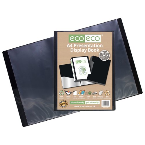 ECO067-S | Strong black 900 micron cover display book with clear 160 micron A4 size sleeve on front cover for personalisation and presentation.  Includes its own display box for easy storage.  Clear additional storage pocket featured inside of front cover to house loose items and documents.  A total of 100 pages (200 sides to view) securely bound for optimum and multi-purpose filing.  50 micron pages are acid free, smooth, glass clear and copy safe.  These pages securely hold A4 documents.  Responsibly sourced materials and responsibly produced.  Made from 50% recycled materials, product and packaging both 100% recyclable.  