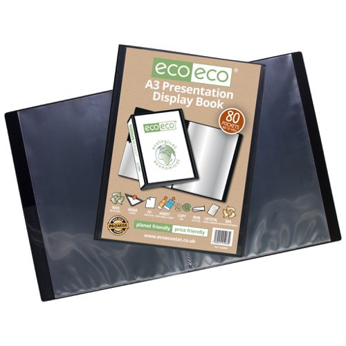 ECO068-S | Strong black 1000 micron cover display book with clear 160 micron A3 size sleeve on front cover for personalisation and presentation.  Clear additional storage pocket featured inside of front cover to house loose items and documents.  A total of 80 pages (160 sides to view) securely bound for optimum and multi-purpose filing.  50 micron pages are acid free, smooth, glass clear and copy safe.  These pages securely hold A3 documents.  Responsibly sourced materials and responsibly produced.  Made from 50% recycled materials, product and packaging both 100% recyclable.  