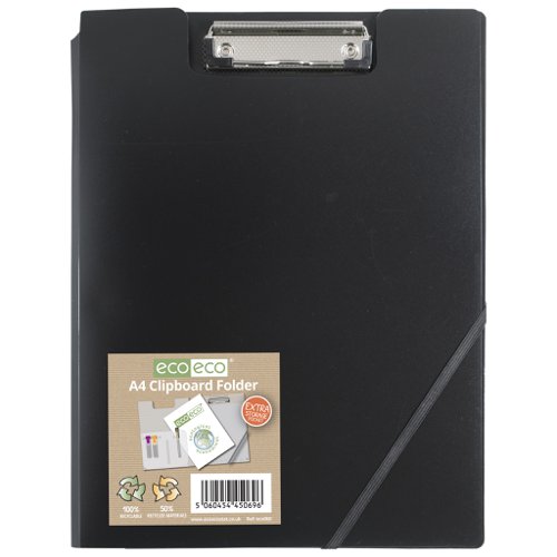 ECO069-S | Strong A4 clipboard with metal clip, ideal for home, office and professional use.  Available in black or clear with an elasticated closure.  Clear additional storage pocket featured inside of front cover to house loose items and documents.  Large rear pocket for extra storage.  Responsibly sourced materials and responsibly produced.  Made from 50% recycled materials, product and packaging both 100% recyclable.  Inner quantity = 12. Outer quantity = 72.