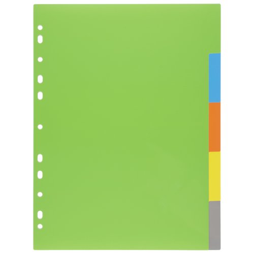 ECO071-S | Strong 200 micron strength A4 size file dividers, ideal for home, office and professional use.  Set of 5 dividers colour coded for the filing and organising of paperwork and documents in ring binders and files.  Contents page templates can be downloaded from our website.  Responsibly sourced materials and responsibly produced.  Made from 50% recycled materials, product and packaging both 100% recyclable.  