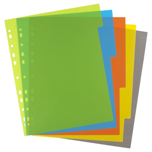 ECO072-S | Strong 200 micron strength A4 size file dividers, ideal for home, office and professional use.  Set of 5 dividers colour coded for the filing and organising of paperwork and documents in ring binders and files.  Extra wide for use with multi-punched pockets.  Contents page templates can be downloaded from our website.  Responsibly sourced materials and responsibly produced.  Made from 50% recycled materials, product and packaging both 100% recyclable.  