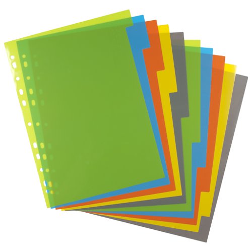 ECO073-S | Strong 200 micron strength A4 size file dividers, ideal for home, office and professional use.  Set of 10 dividers colour coded for the filing and organising of paperwork and documents in ring binders and files.  Contents page templates can be downloaded from our website.  Responsibly sourced materials and responsibly produced.  Made from 50% recycled materials, product and packaging both 100% recyclable.  