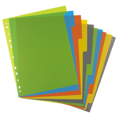 ECO074-S | Strong 200 micron strength A4 size file dividers, ideal for home, office and professional use.  Set of 10 dividers colour coded for the filing and organising of paperwork and documents in ring binders and files.  Extra wide for use with multi-punched pockets.  Contents page templates can be downloaded from our website.  Responsibly sourced materials and responsibly produced.  Made from 50% recycled materials, product and packaging both 100% recyclable.  