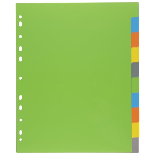 ECO074-S | Strong 200 micron strength A4 size file dividers, ideal for home, office and professional use.  Set of 10 dividers colour coded for the filing and organising of paperwork and documents in ring binders and files.  Extra wide for use with multi-punched pockets.  Contents page templates can be downloaded from our website.  Responsibly sourced materials and responsibly produced.  Made from 50% recycled materials, product and packaging both 100% recyclable.  