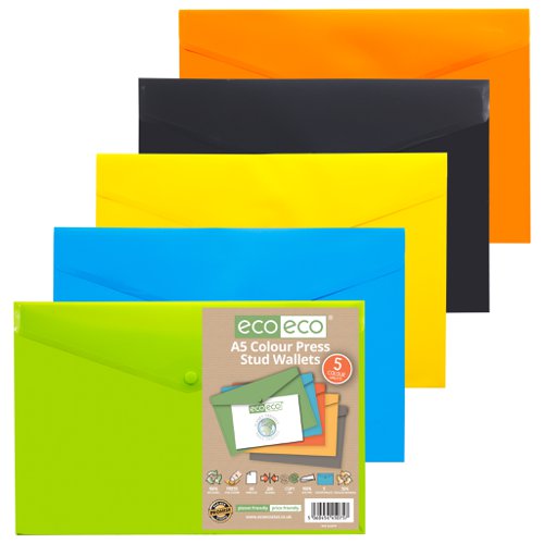 Pack 5 A5 50% Recycled Colour Press Stud Wallets (1)