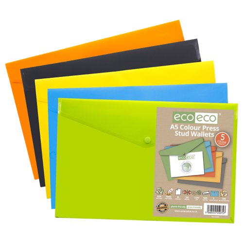 Pack 5 A5 50% Recycled Colour Press Stud Wallets (Pack of 5)