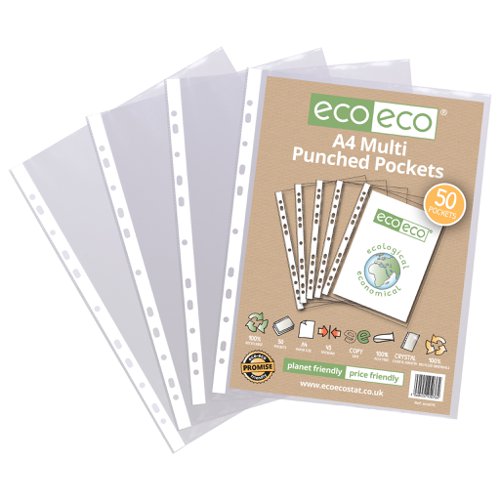 A4 100% Recycled Bag 50 Multi Punched Pockets (Pack of 10)