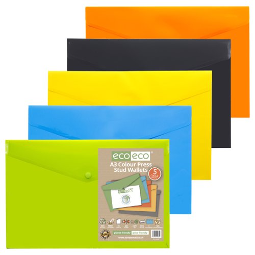 Pack 5 A3 50% Recycled Colour Press Stud Wallets (1)