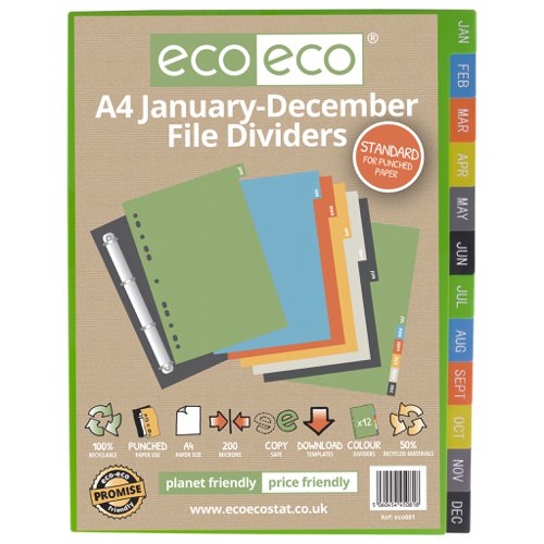 A4 50% Recycled January - December Index File Dividers (1) Printed File Dividers ECO081-S