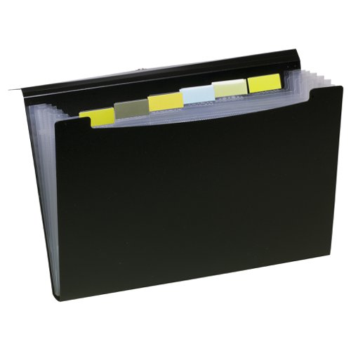 ECO083-S | Strong black 700 micron expanding file with clear 160 micron A4 size internal compartments and elasticated closure.  A total of 7 compartments which are ideal for multi purpose filing.  Responsibly sourced materials and responsibly produced.  Made from 50% recycled materials, product and packaging both 100% recyclable.  