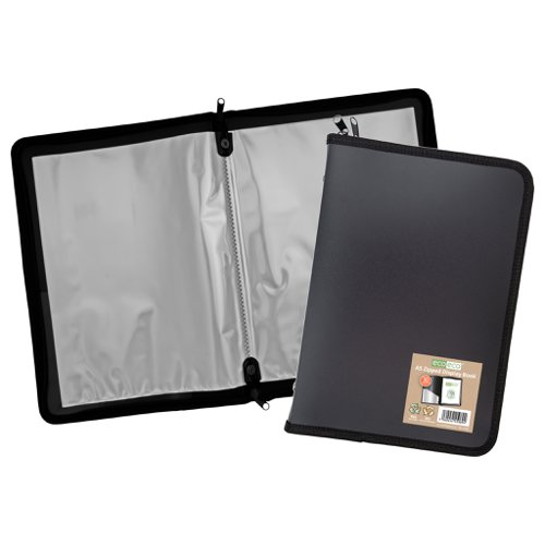 ECO089-S | Strong black 600 micron cover zipped display book, ideal for home, office and professional use.  Zipped closure to keep contents safe and secure, ideal when travelling.  Clear additional storage pocket featured inside of front cover to house loose items and documents.  A total of 30 pages (60 sides to view) securely bound for optimum and multi-purpose filing.  50 micron pages are acid free, smooth, glass clear and copy safe.  These pages securely hold A5 documents.  Responsibly sourced materials and responsibly produced.  Made from 50% recycled materials, product and packaging both 100% recyclable.  
