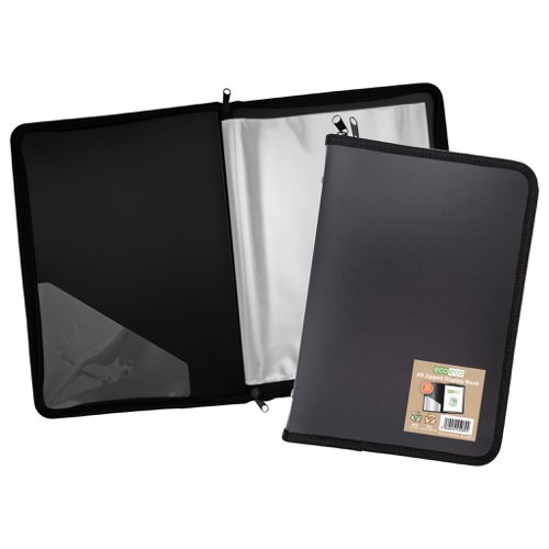 ECO089-S | Strong black 600 micron cover zipped display book, ideal for home, office and professional use.  Zipped closure to keep contents safe and secure, ideal when travelling.  Clear additional storage pocket featured inside of front cover to house loose items and documents.  A total of 30 pages (60 sides to view) securely bound for optimum and multi-purpose filing.  50 micron pages are acid free, smooth, glass clear and copy safe.  These pages securely hold A5 documents.  Responsibly sourced materials and responsibly produced.  Made from 50% recycled materials, product and packaging both 100% recyclable.  