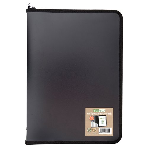 ECO090-S | Strong black 600 micron cover zipped display book, ideal for home, office and professional use.  Zipped closure to keep contents safe and secure, ideal when travelling.  Clear additional storage pocket featured inside of front cover to house loose items and documents.  A total of 30 pages (60 sides to view) securely bound for optimum and multi-purpose filing.  50 micron pages are acid free, smooth, glass clear and copy safe.  These pages securely hold A4 documents.  Responsibly sourced materials and responsibly produced.  Made from 50% recycled materials, product and packaging both 100% recyclable.  