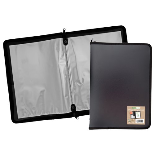 ECO090-S | Strong black 600 micron cover zipped display book, ideal for home, office and professional use.  Zipped closure to keep contents safe and secure, ideal when travelling.  Clear additional storage pocket featured inside of front cover to house loose items and documents.  A total of 30 pages (60 sides to view) securely bound for optimum and multi-purpose filing.  50 micron pages are acid free, smooth, glass clear and copy safe.  These pages securely hold A4 documents.  Responsibly sourced materials and responsibly produced.  Made from 50% recycled materials, product and packaging both 100% recyclable.  