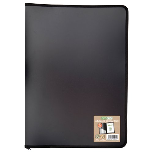 ECO091-S | Strong black 700 micron cover zipped display book, ideal for home, office and professional use.  Zipped closure to keep contents safe and secure, ideal when travelling.  Clear additional storage pocket featured inside of front cover to house loose items and documents.  A total of 30 pages (60 sides to view) securely bound for optimum and multi-purpose filing.  50 micron pages are acid free, smooth, glass clear and copy safe.  These pages securely hold A3 documents.  Responsibly sourced materials and responsibly produced.  Made from 50% recycled materials, product and packaging both 100% recyclable.  