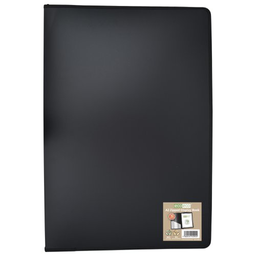 ECO092-S | Strong black 1000 micron cover zipped display book, ideal for home, office and professional use.  Zipped closure to keep contents safe and secure, ideal when travelling.  Clear additional storage pocket featured inside of front cover to house loose items and documents.  A total of 30 pages (60 sides to view) securely bound for optimum and multi-purpose filing.  50 micron pages are acid free, smooth, glass clear and copy safe.  These pages securely hold A2 documents.  Responsibly sourced materials and responsibly produced.  Made from 50% recycled materials, product and packaging both 100% recyclable.  