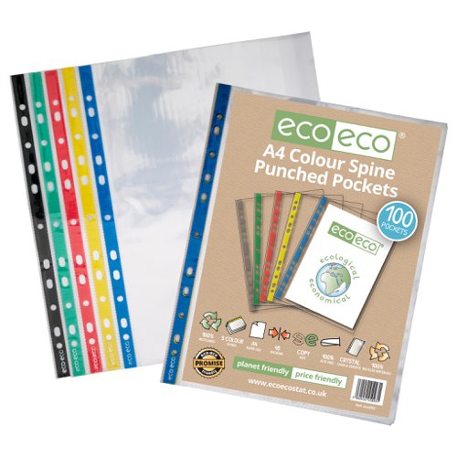 A4 100% Recycled Bag 100 Colour Spine Multi Punched Pockets (1) Punched Pockets ECO093-S