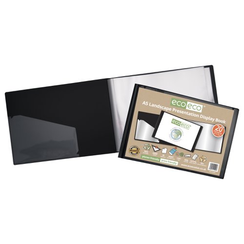 ECO094-S | Strong black 600 micron cover landscape display book with clear 160 micron A5 size sleeve on front cover for personalisation and presentation.  Clear additional storage pocket featured inside of front cover to house loose items and documents.  A total of 20 pages (40 sides to view) securely bound for optimum and multi-purpose filing.  50 micron pages are acid free, smooth, glass clear and copy safe.  These pages securely hold A5 documents.  Responsibly sourced materials and responsibly produced.  Made from 50% recycled materials, product and packaging both 100% recyclable.  