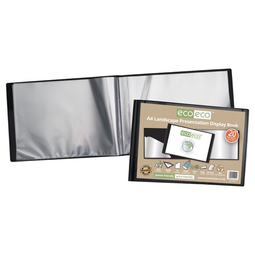 ECO095-S | Strong black 600 micron cover landscape display book with clear 160 micron A4 size sleeve on front cover for personalisation and presentation.  Clear additional storage pocket featured inside of front cover to house loose items and documents.  A total of 20 pages (40 sides to view) securely bound for optimum and multi-purpose filing.  50 micron pages are acid free, smooth, glass clear and copy safe.  These pages securely hold A4 documents.  Responsibly sourced materials and responsibly produced.  Made from 50% recycled materials, product and packaging both 100% recyclable.  