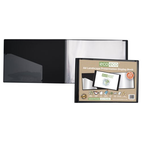 ECO095-S | Strong black 600 micron cover landscape display book with clear 160 micron A4 size sleeve on front cover for personalisation and presentation.  Clear additional storage pocket featured inside of front cover to house loose items and documents.  A total of 20 pages (40 sides to view) securely bound for optimum and multi-purpose filing.  50 micron pages are acid free, smooth, glass clear and copy safe.  These pages securely hold A4 documents.  Responsibly sourced materials and responsibly produced.  Made from 50% recycled materials, product and packaging both 100% recyclable.  
