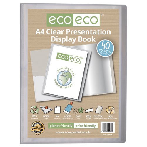 ECO098-S | Strong clear 600 micron cover display book with clear 160 micron A4 size sleeve on front cover for personalisation and presentation.  Clear additional storage pocket featured inside of front cover to house loose items and documents.  A total of 40 pages (80 sides to view) securely bound for optimum and multi-purpose filing.  50 micron pages are acid free, smooth, glass clear and copy safe.  These pages securely hold A4 documents.  Responsibly sourced materials and responsibly produced.  Made from 50% recycled materials, product and packaging both 100% recyclable.  