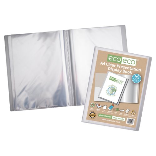 ECO098-S | Strong clear 600 micron cover display book with clear 160 micron A4 size sleeve on front cover for personalisation and presentation.  Clear additional storage pocket featured inside of front cover to house loose items and documents.  A total of 40 pages (80 sides to view) securely bound for optimum and multi-purpose filing.  50 micron pages are acid free, smooth, glass clear and copy safe.  These pages securely hold A4 documents.  Responsibly sourced materials and responsibly produced.  Made from 50% recycled materials, product and packaging both 100% recyclable.  
