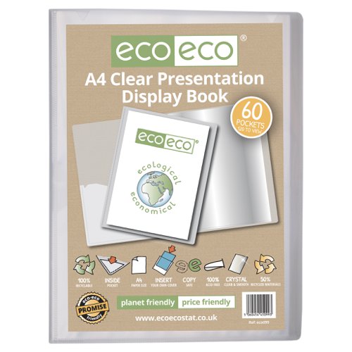 ECO099-S | Strong clear 600 micron cover display book with clear 160 micron A4 size sleeve on front cover for personalisation and presentation.  Clear additional storage pocket featured inside of front cover to house loose items and documents.  A total of 60 pages (120 sides to view) securely bound for optimum and multi-purpose filing.  50 micron pages are acid free, smooth, glass clear and copy safe.  These pages securely hold A4 documents.  Responsibly sourced materials and responsibly produced.  Made from 50% recycled materials, product and packaging both 100% recyclable.  