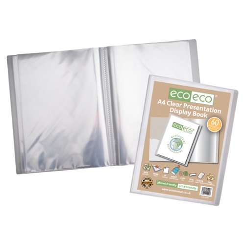 ECO099-S | Strong clear 600 micron cover display book with clear 160 micron A4 size sleeve on front cover for personalisation and presentation.  Clear additional storage pocket featured inside of front cover to house loose items and documents.  A total of 60 pages (120 sides to view) securely bound for optimum and multi-purpose filing.  50 micron pages are acid free, smooth, glass clear and copy safe.  These pages securely hold A4 documents.  Responsibly sourced materials and responsibly produced.  Made from 50% recycled materials, product and packaging both 100% recyclable.  
