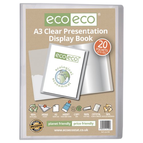 ECO100-S | Strong clear 700 micron cover display book with clear 160 micron A3 size sleeve on front cover for personalisation and presentation.  Clear additional storage pocket featured inside of front cover to house loose items and documents.  A total of 20 pages (40 sides to view) securely bound for optimum and multi-purpose filing.  50 micron pages are acid free, smooth, glass clear and copy safe.  These pages securely hold A3 documents.  Responsibly sourced materials and responsibly produced.  Made from 50% recycled materials, product and packaging both 100% recyclable.  