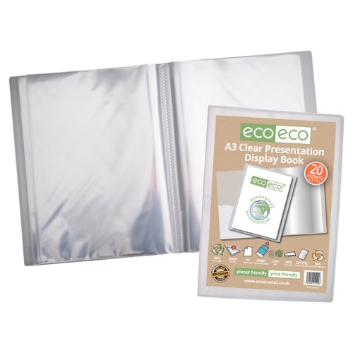 ECO100-S | Strong clear 700 micron cover display book with clear 160 micron A3 size sleeve on front cover for personalisation and presentation.  Clear additional storage pocket featured inside of front cover to house loose items and documents.  A total of 20 pages (40 sides to view) securely bound for optimum and multi-purpose filing.  50 micron pages are acid free, smooth, glass clear and copy safe.  These pages securely hold A3 documents.  Responsibly sourced materials and responsibly produced.  Made from 50% recycled materials, product and packaging both 100% recyclable.  